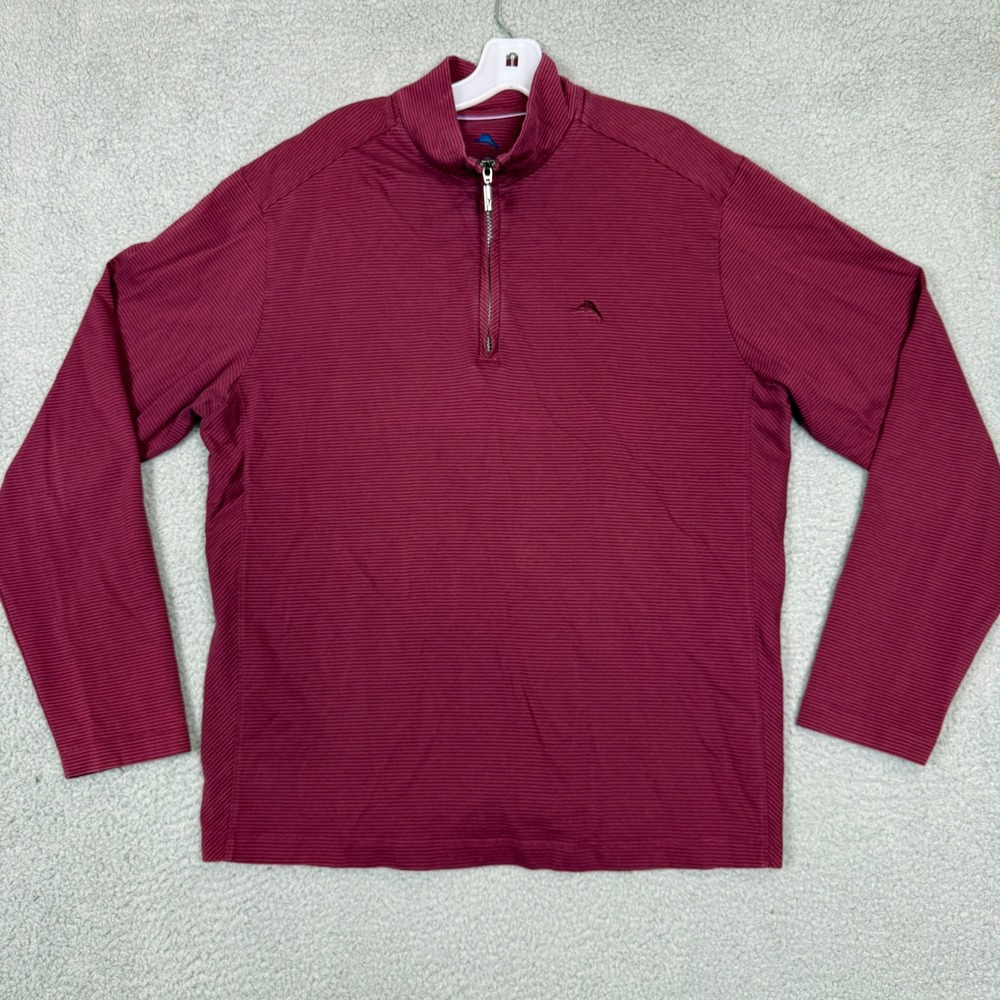 Tommy Bahama Mens Large Burgundy Striped Pima Cotton Modal 1/4 Zip Pullover
